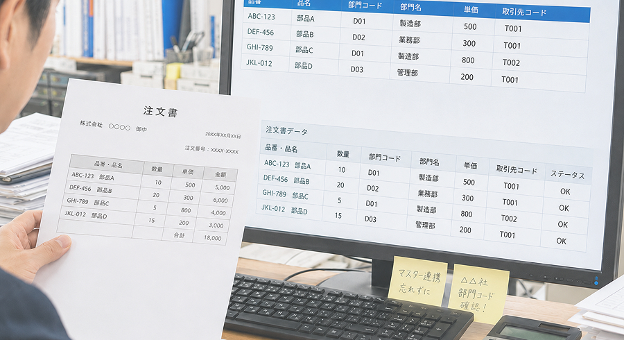 基幹システムのマスターデータと連動した注文書データ補完